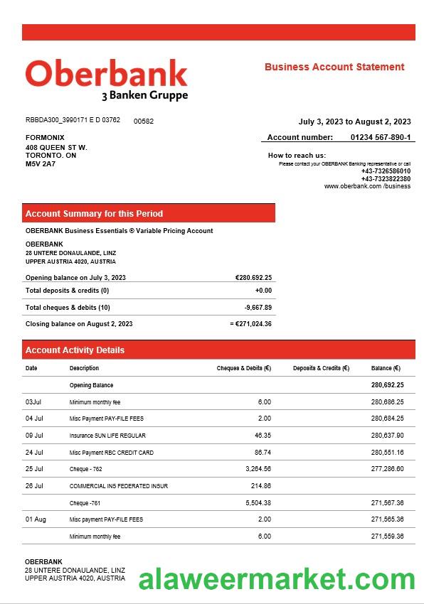 Oberbank company checking account statement Word and PDF template